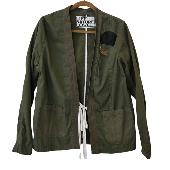 Life Nature Love Military Jacket Medium Army Green Safety Pin Patch Pockets - Picture 1 of 14